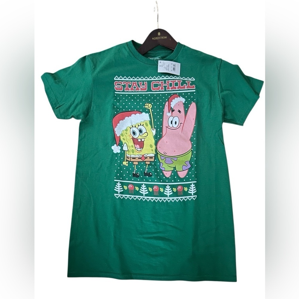 SpongeBob SquarePants Green Stay Chill Christmas Graphic Tee Holiday Size Small